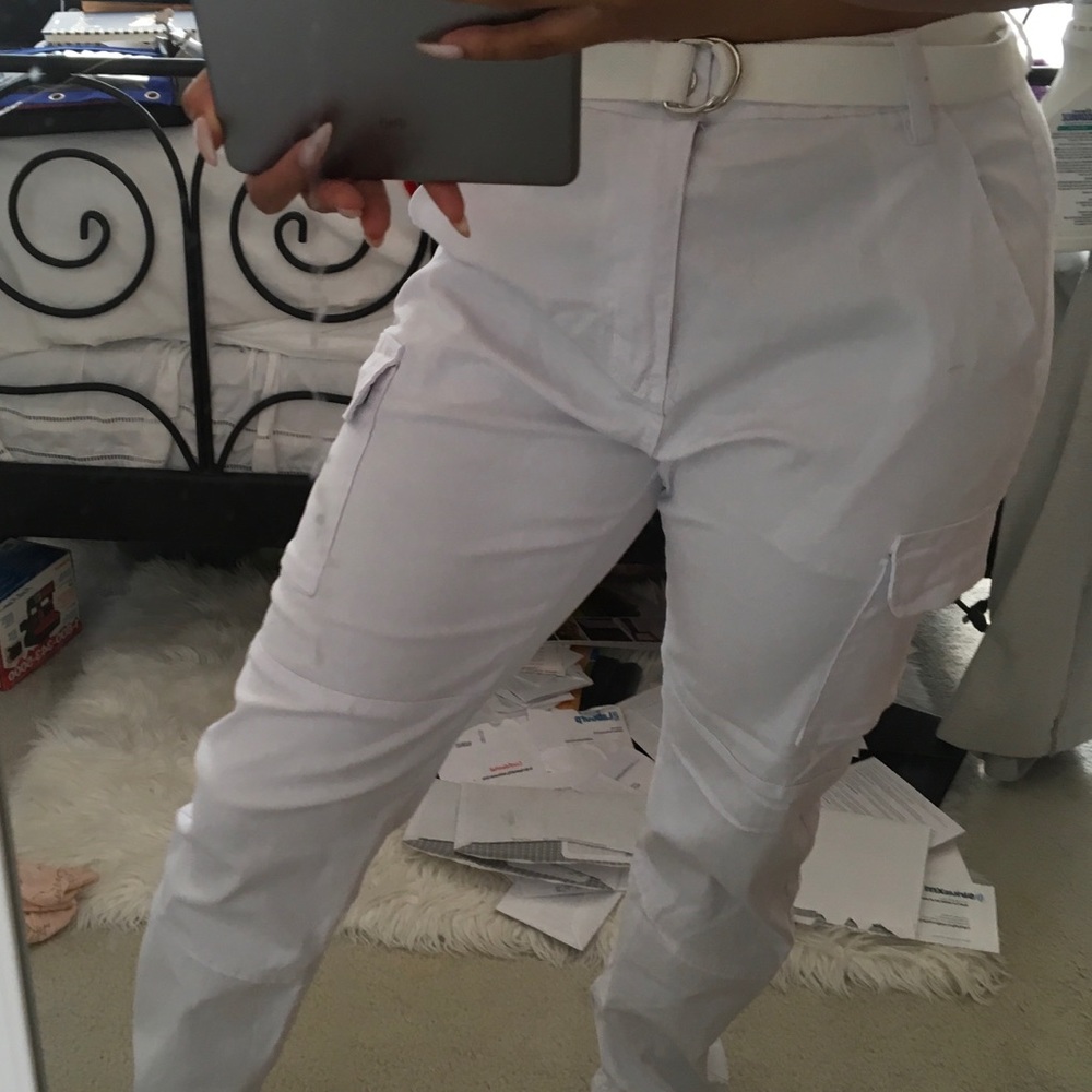 Fashion Nova White Cargo Pants with Belt
